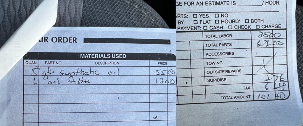 $101.40 bill for materials and labor